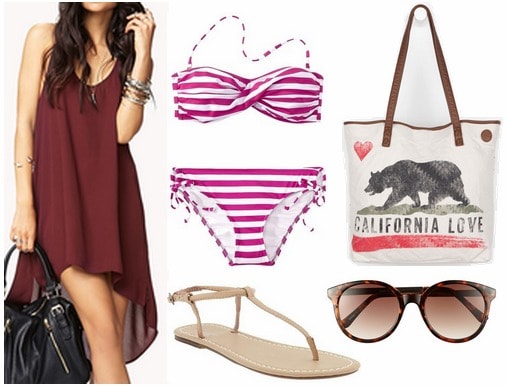 Forever 21 high low dress, sandals, bikini, tote