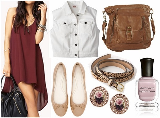 Forever 21 high low dress, vest, flats, crossbody bag, leopard belt, earrings, nail polish