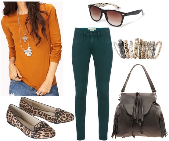 Forever 21 mustard long sleeved tee, teal jeans, leopard loafers