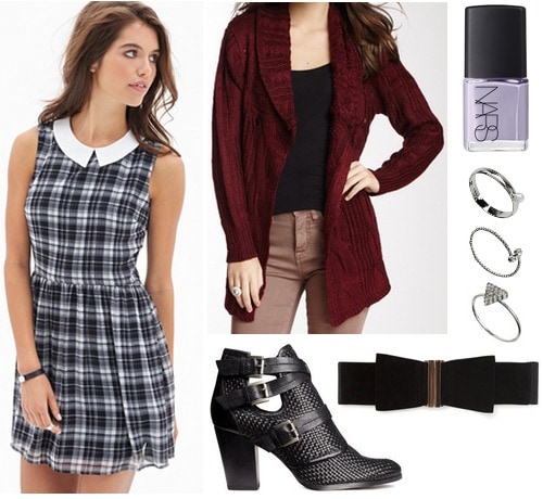 Forever 21 plaid dress, burgundy cardigan, textured ankle boots