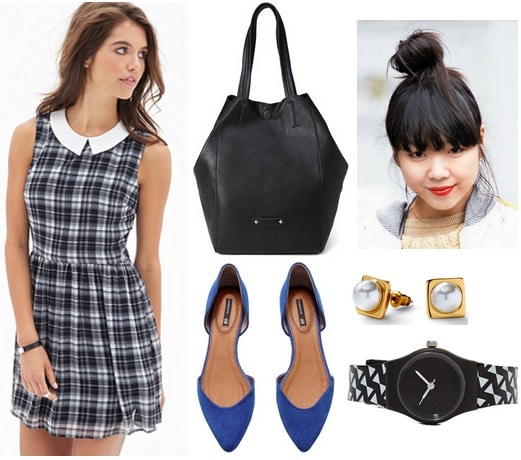 Forever 21 plaid dress, cobalt flats, black tote bag
