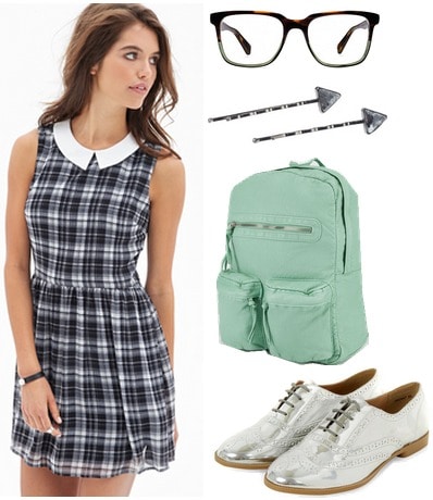 Forever 21 plaid dress, metallic oxfords, mint green backpack