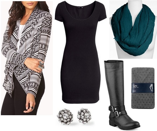 Forever 21 printed cardigan, ldb, riding boots, scarf