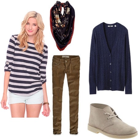 How to wear a Forever 21 striped shirt with a navy blue cardigan, neutral corduroy pants, light colored ankle booties, and a scarf