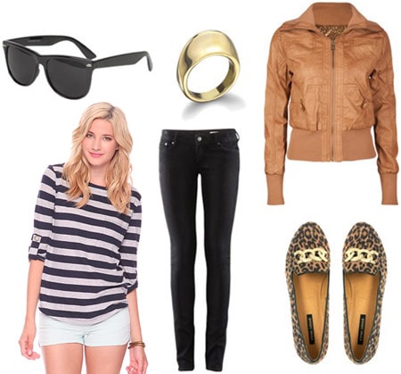 How to wear a Forever 21 striped shirt with a brown leather jacket, black jeans, wayfarers and loafers