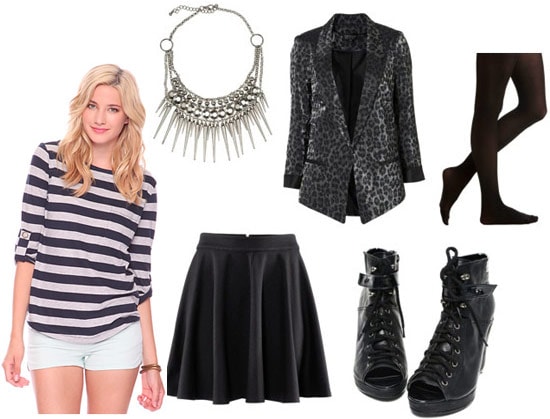 How to wear a Forever 21 striped shirt with a black full skirt, leopard blazer, ankle booties, a spike necklace and tights