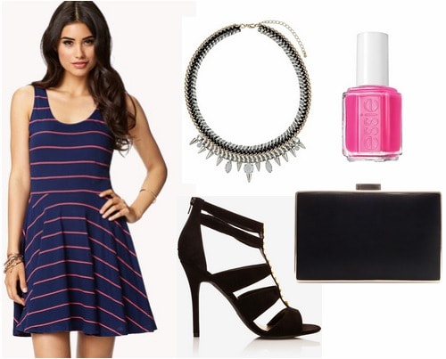 Forever 21 striped skater dress, black heels, box clutch, statement necklace