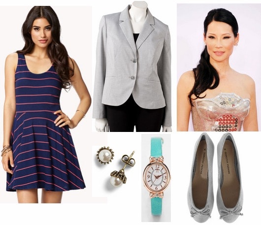 Forever 21 striped skater dress, gray blazer, flats