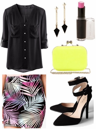 Forever 21 tropical print skirt, black blouse, neon yellow clutch
