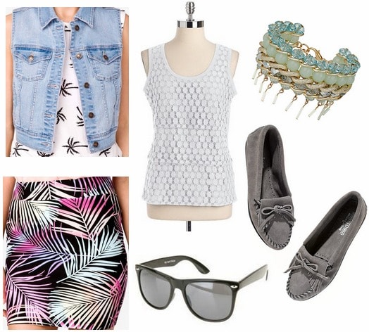 Forever 21 tropical print skirt, denim vest, gray moccasins