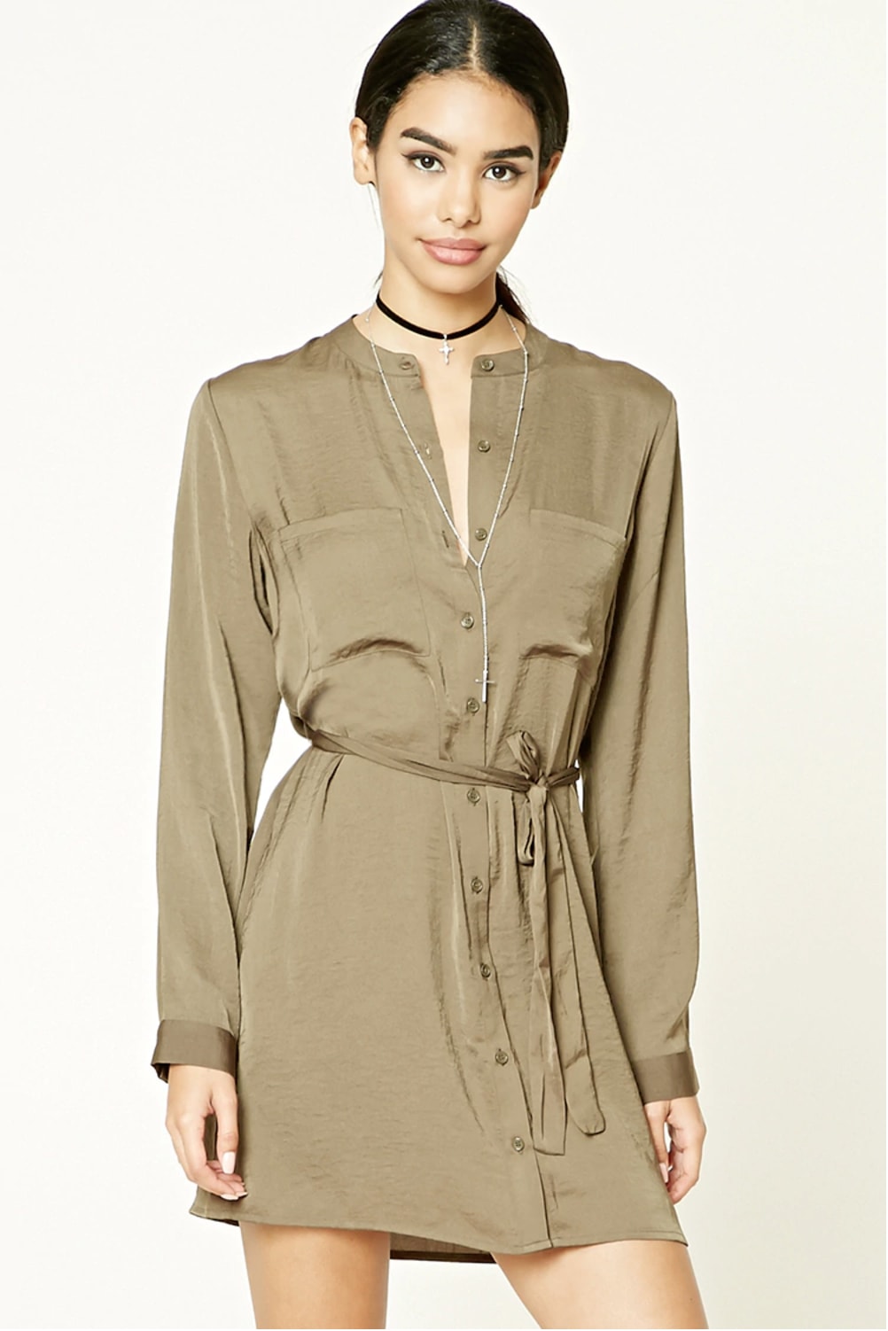 Forever 21 Satin Button Front Shirt Dress in Olive