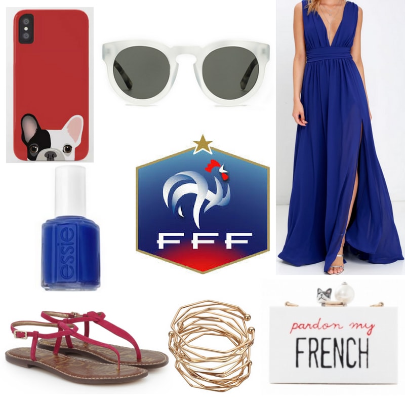 FIFA World Cup fashion: Outfit inspired by France with blue maxi dress, red sandals, blue nail polish, white sunglasses, french bulldog phone case, bracelets, and pardon my french clutch