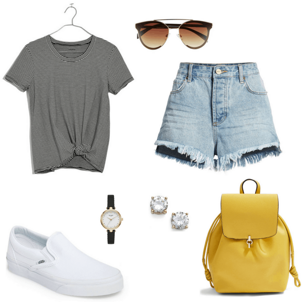 Nordstrom outfit with frayed denim shorts.