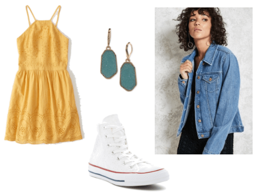 Freddi Fish Outfit Inspiration: Yellow eyelit skater dress, white hi-top converse, gold tone aqua drop stone earrings and a faded wash denim jacket