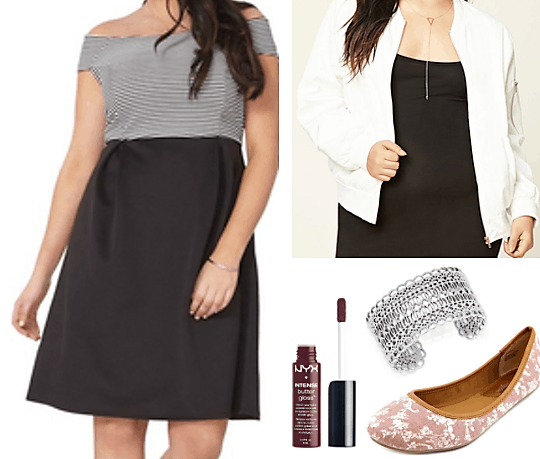 classy striped off shoulder and black skirt 2-piece dress white bomber jacket millennial pink flats dark purple lip gloss silver cuff