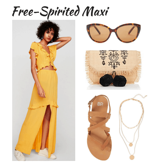yellow maxi, cat-eye shades, straw clutch, sandals, pendant necklaces