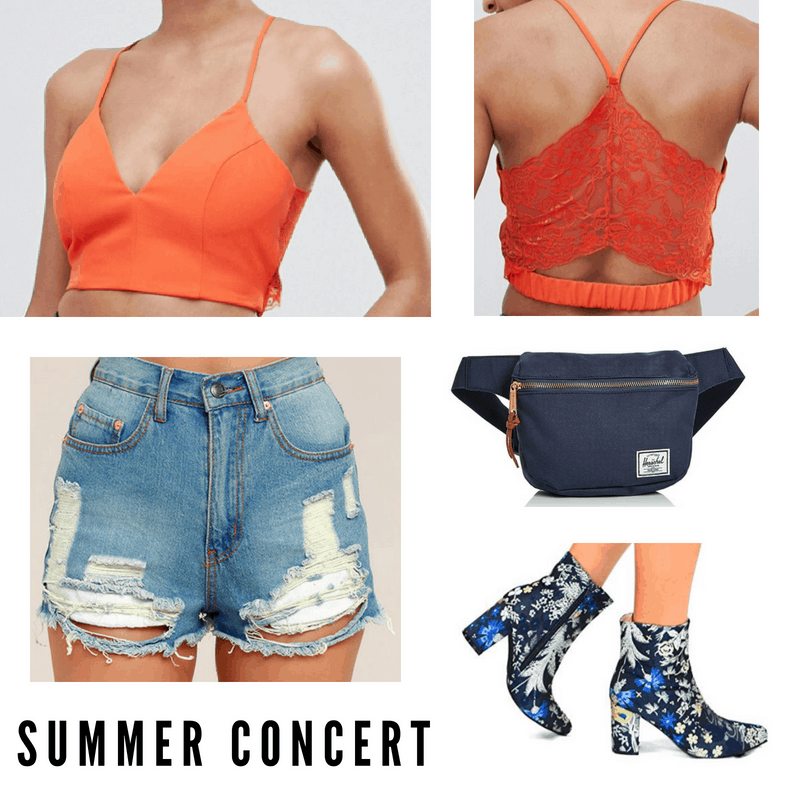 Bralette outfits: Cute outfit for a summer music festival with orange bralette, ripped high waisted denim shorts, fanny pack, and printed ankle boots