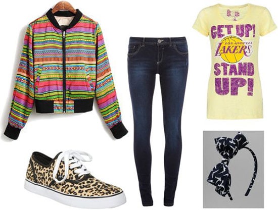 Outfit inspired by the Fresh Prince of Bel-Air: Laker's tee, multicolored jacket, skinny jeans, leopard sneakers, bow headband