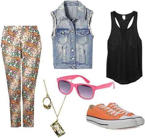 Outfit inspired by the Fresh Prince of Bel-Air: Patterned pants, denim vest, tank top, orange converse, pink sunglasses, necklace