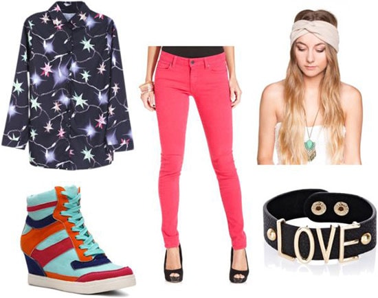 Outfit inspired by the Fresh Prince of Bel-Air: Pink skinnies, sneaker wedges, patterned blouse, cuff bracelet, head wrap