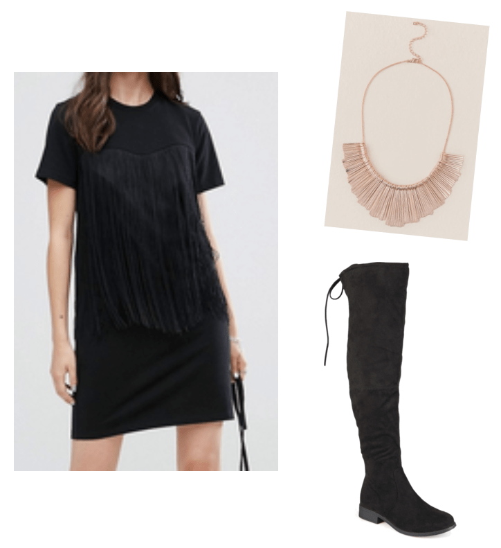 How to wear Spring 2018 trends now: Fringe dress outfit with black fringe t-shirt dress, rose gold statement necklace, black suede over-the-knee boots