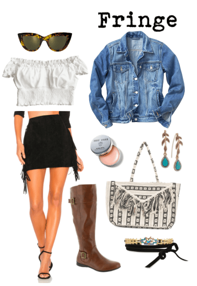 cat-eye glasses, white off shoulder top, fringe skirt, denim jacket, lip gloss, brown boots, fringe bag, turquoise earrings, choker