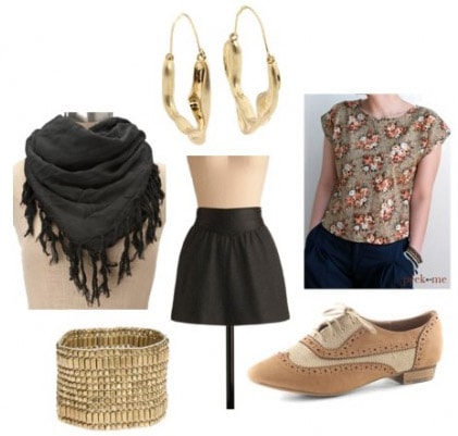 Outfit idea - how to wear a fringe scarf with a floral shirt and simple skirt