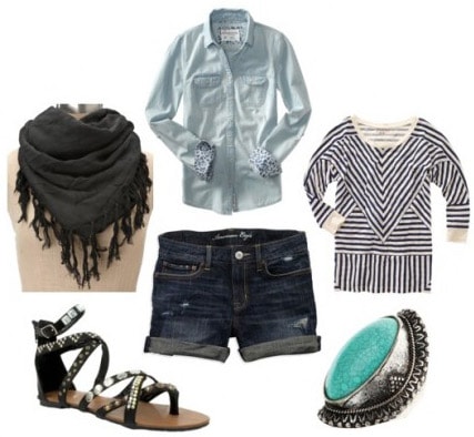 Outfit idea - how to wear a fringe scarf with a striped shirt and shorts
