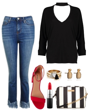 How to wear fringed jeans for a night out: Fringe jeans, black choker top, accessories, red shoes