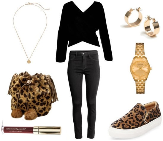 How to style a fur bag for class: Class to night out with fur bag, gold watch, gold earrings, black top, black denim jeans, gold pendant necklace, leopard print slide on sneakers, and brown lipstick.