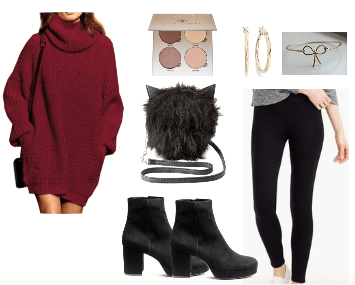 Eccentric cat shaped fur bag with sweater and leggings outfit.