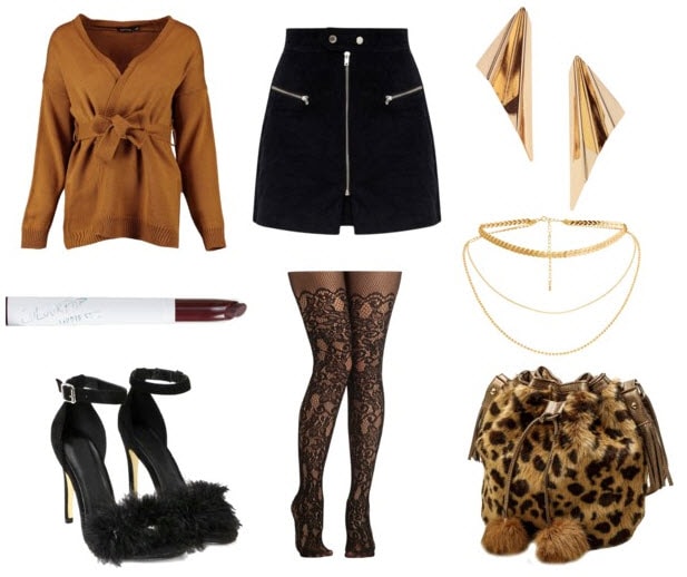Class to night out fur bag with black mini skirt, gold earrings, gold necklace, tan shirt, black heels, brown lipstick, and black tights.