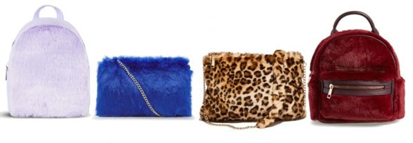 lilac fur bag, red fur bag, leopard fur bag, and blue fur bag.