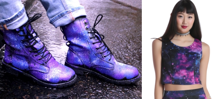 Purple and blue moon combat boots and a cropped tank top with cosmic print from Hot Topic