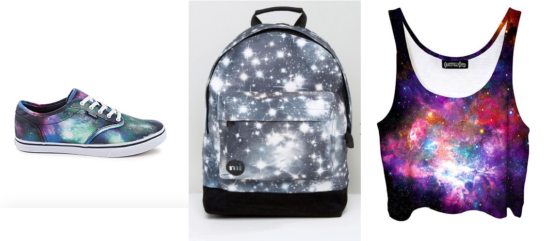 Galaxy print items for sale: cosmic print Vans shoes from Rack Room Shoes, ASOS starry night print backpack, and a galaxy print crop top tank from Etsy.