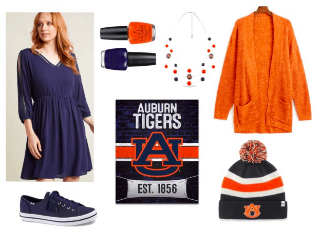 Outfit for college game day date: Navy dress and sneakers, orange cardigan, orange and navy Auburn Tigers pom-pom hat, nail polishes, layered necklace and poster