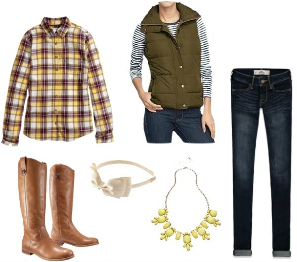 Game day outfit jeans, plaid shirt, vest, riding boots