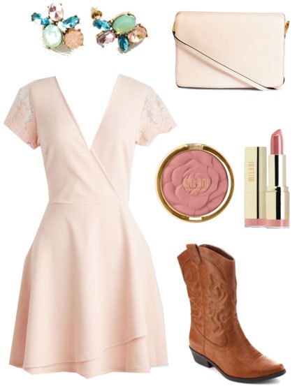 Fashion inspired by Garden Spells: Wrap dress, blush purse, cowboy boots, statement earrings