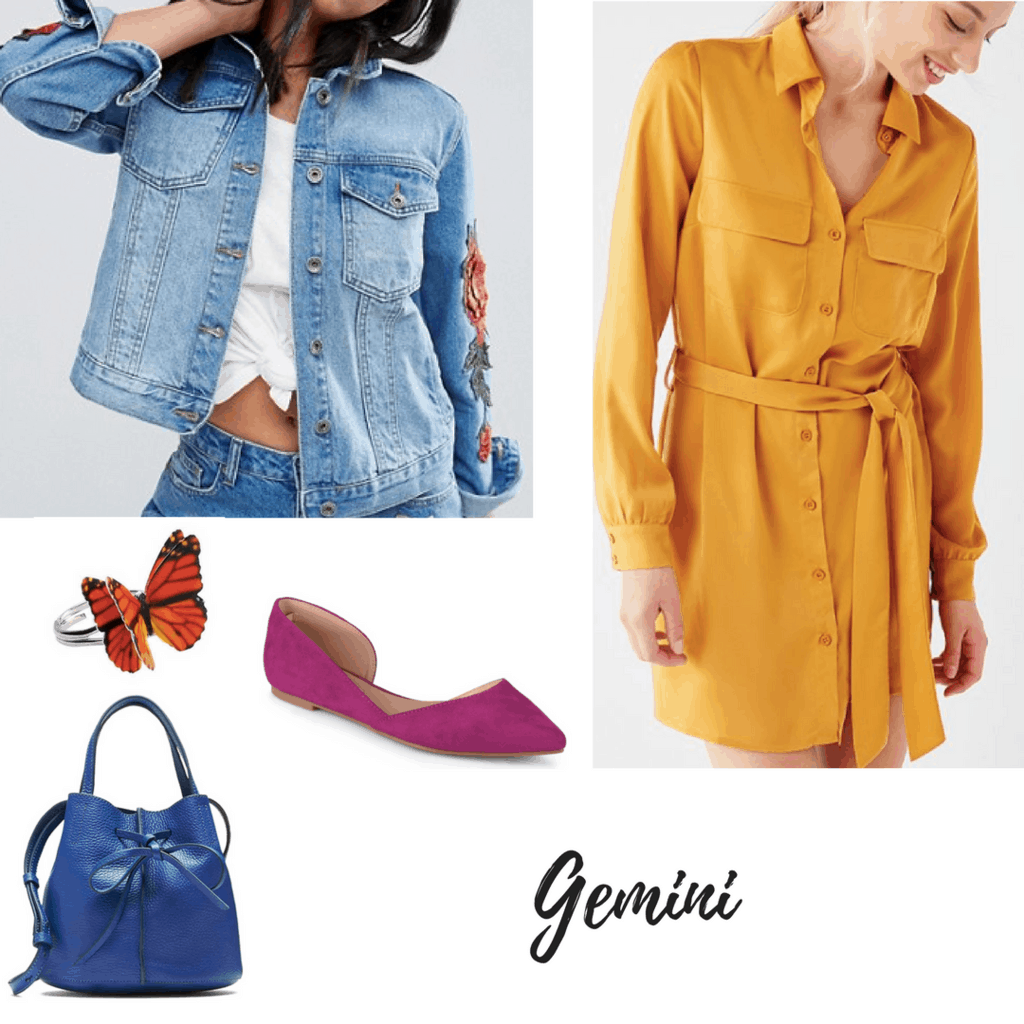 gemini outfit embroidered denim jacket yellow shirtdress butterfly ring hot pink flats bow bag