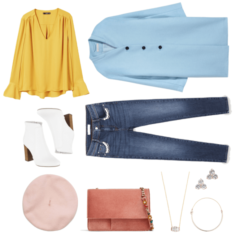 Mustard-yellow long-sleeved v-neck blouse with asymmetric hem and sleeves that flare out slightly at the end, white ankle boots with wooden stack-heel, pale pink beret, baby blue collarless coat with three black buttons, medium-wash skinny jeans with pearl and chain detail at front pockets, velvet salmon-pink bag with gold chain-strap featuring multi-colored jewels and gold flower beads with pearl at center, gold necklace with three baguette clear stones, gold stud earrings with trio of round clear stones, gold wire and chain bracelet