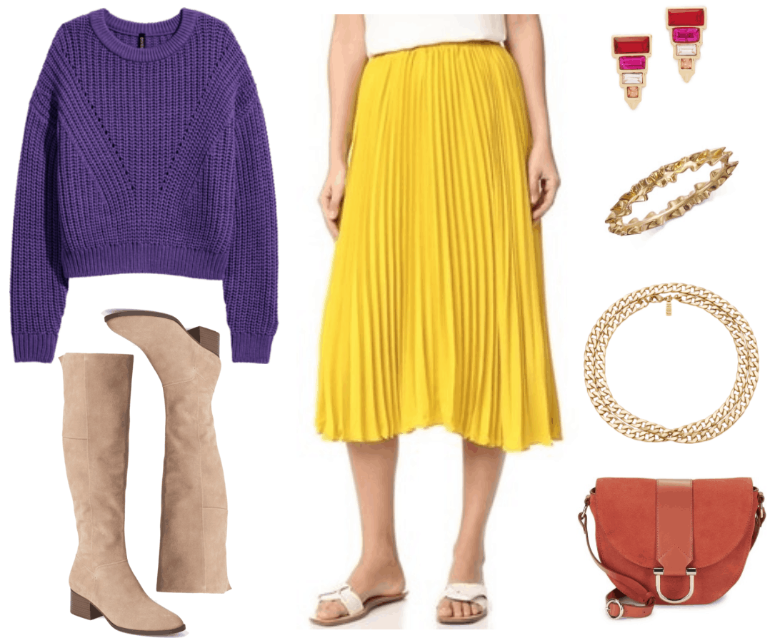 Ultra Violet rib-knit sweater with hole-knit details at front and drop shoulders, beige suede knee-high almond-toe boots with low block heel that has a stacked wooden finish, bright yellow pleated midi skirt, gold stud earrings with graduated baguette-shaped red, bright pink, and pale pink stones with orange square shaped stone at bottom and gold triangle beneath it; gold ruffled-look bangle, thick gold chain necklace wrapped to create two layers, dark orange suede saddle bag with dark orange leather accent and pale gold metal hardware and pale gold D-ring at closure