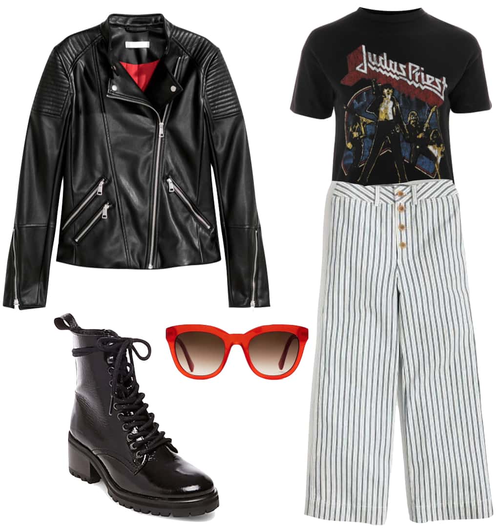 Georgia May Jagger Outfit: black faux leather biker jacket, black band t-shirt, striped wide leg pants, thick red sunglasses, and black lace-up combat boots