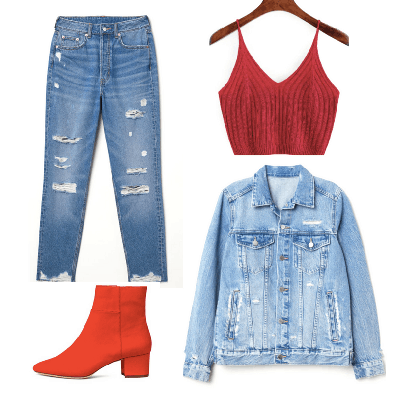 Ripped jeans, knit red top, jean jacket, bright red short boots.