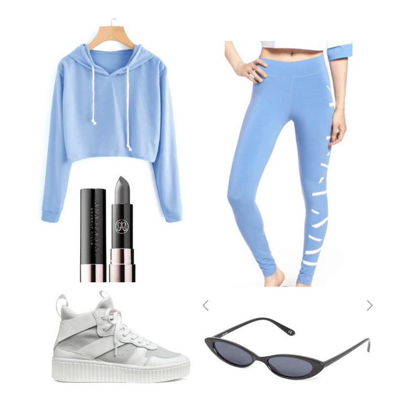 Blue leggings and hoodie, gray lipstick, sunglasses and white high tops.