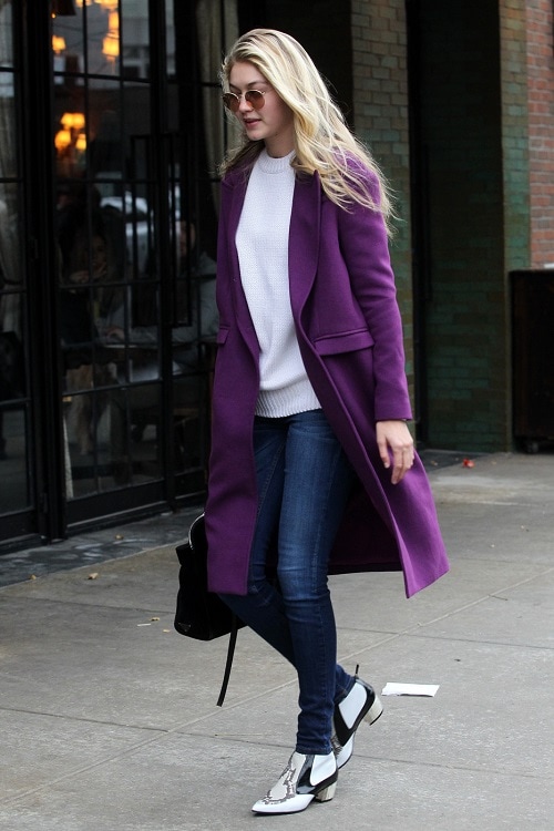 Gigi Hadid in a purple coat