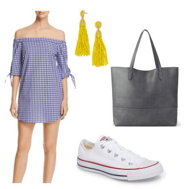 How to style a gingham off the shoulder dress for class: Navy and white gingham dress paired with a black oversized tote bag, yellow beaded tassel earrings, white Converse sneakers