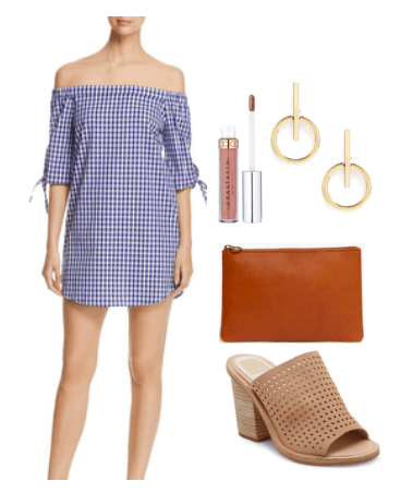 How to style a gingham off the shoulder dress for night: Outfit idea with navy and white gingham dress, medium brown zipper clutch, nude lipstick, gold circle earrings, tan laser cut mules