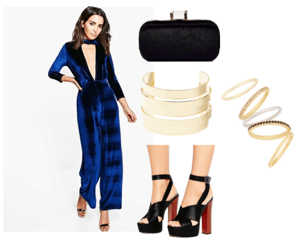 Outfit inspired by Sophia from Girlboss: Black platform sandals, blue velvet jumpsuit, black "grab and go" clutch, layered cuff bracelet, gold stackable ring set