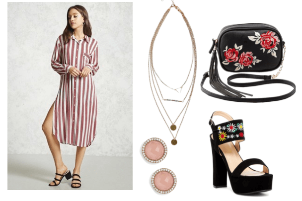 Outfit inspired by Sophia from tv show Girlboss: striped shirt dress, pink stone stud earrings, embroidered block heel sandal, coin layered necklace, embroidered floral crossbody bag