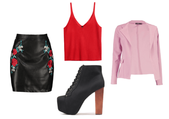 Outfit inspired by Sophia from tv show Girlboss: Embroidered floral leather skirt, red tank top, Jeffrey Campbell Lita platform boots, pink blazer